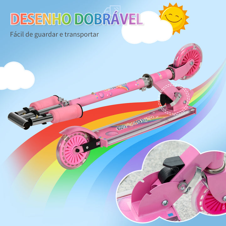 Trotinete para Crianças Dobrável Trotinete Infantil com Luzes e Música 4 Alturas Ajustável Rodas Brilhantes e Pedal LED para 3-7 Anos Carga 50 kg 67x32x65-78 cm Rosa