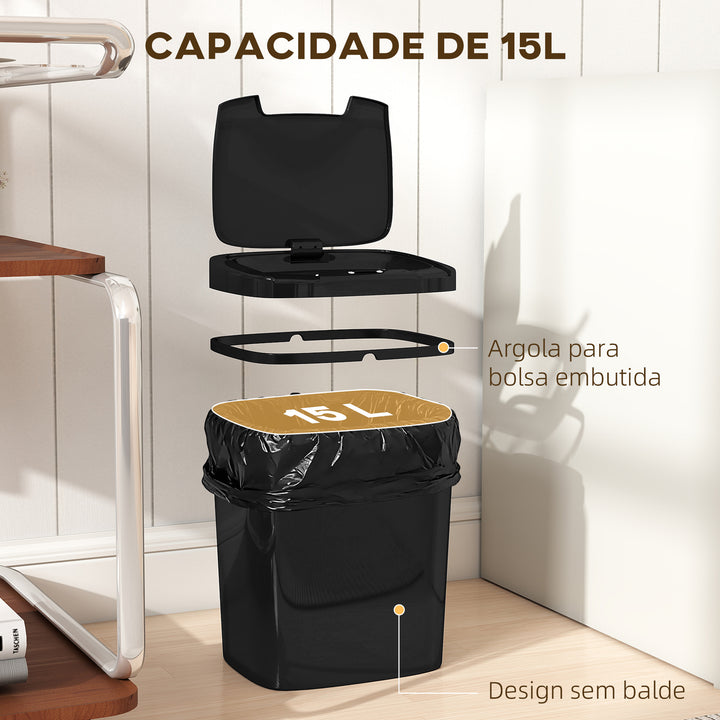 Balde de Lixo Automático 15L Papeleira de Cozinha com Sensor Infravermelhos e Modo Manual Anel de Retenção Antimarcas, para Escritório Casa 27,6x21,4x33,5 cm Preto