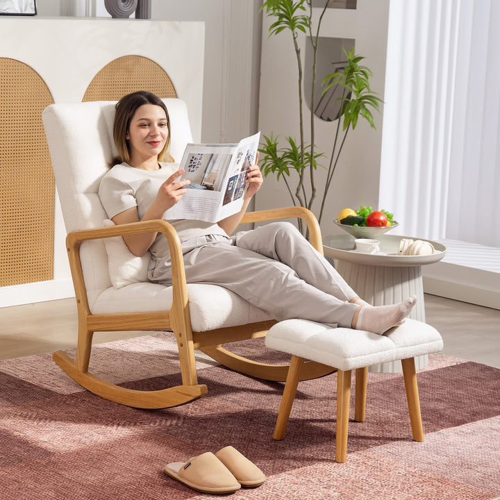 Poltrona de Baloiço com Apoio para os Pés Cadeirão de Relax Estofado em Bouclé com Almofada Acolchoada Encosto Ergonómico Apoios de Braços e Pés de Madeira Capacidade 120 kg 64,5x82x89 cm Branco