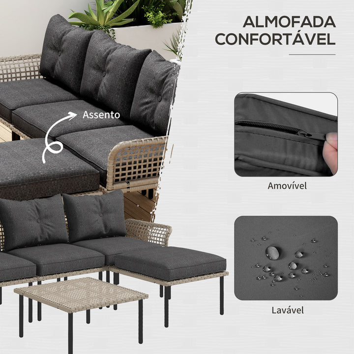 Conjunto de Jardim em Vime Sintético Conjunto de Móveis de Exterior com Sofá de 4 Módulos 1 Mesa de Centro e Almofadas Cinza