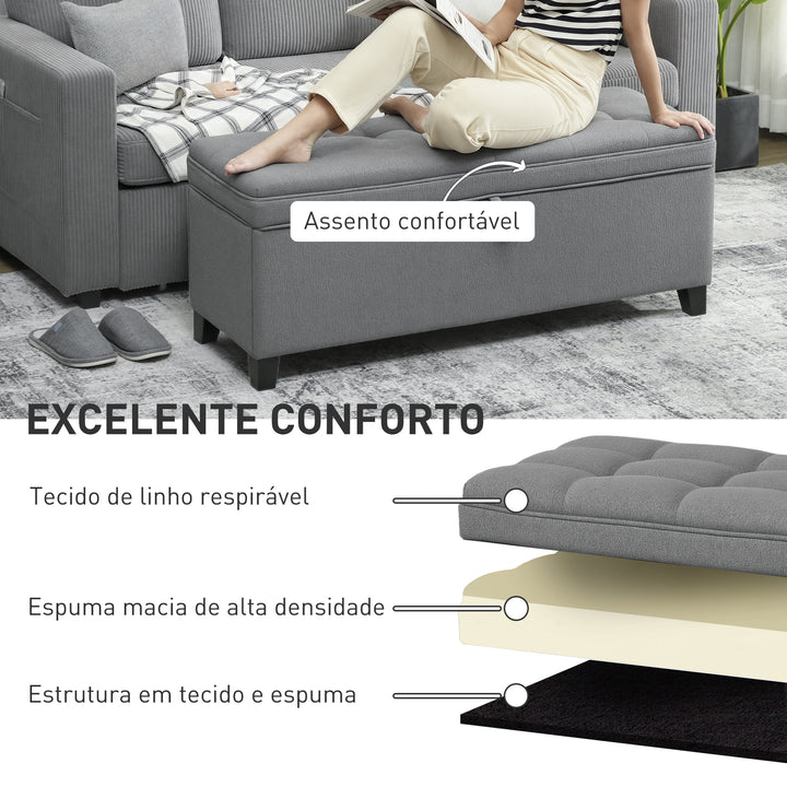 Puff de Armazenamento Banco 112L Estofado em Linho com 2 Dobradiças de Segurança Tampa Rebatível e Assento com Capitonê para Quarto Sala de Estar Entrada Carga 120 kg 120x40x48 cm Cinza Escuro