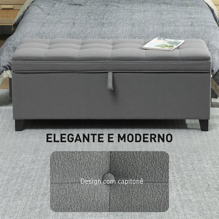 Puff de Armazenamento Banco 112L Estofado em Linho com 2 Dobradiças de Segurança Tampa Rebatível e Assento com Capitonê para Quarto Sala de Estar Entrada Carga 120 kg 120x40x48 cm Cinza Escuro