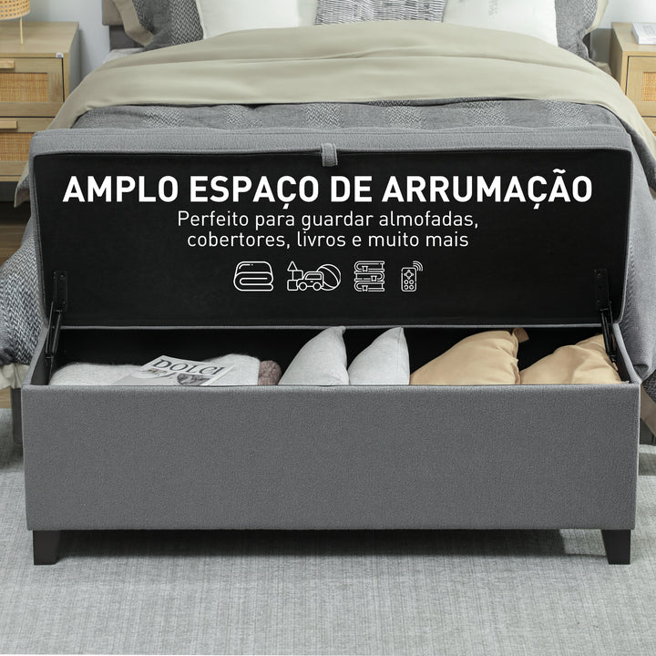 Puff de Armazenamento Banco 112L Estofado em Linho com 2 Dobradiças de Segurança Tampa Rebatível e Assento com Capitonê para Quarto Sala de Estar Entrada Carga 120 kg 120x40x48 cm Cinza Escuro