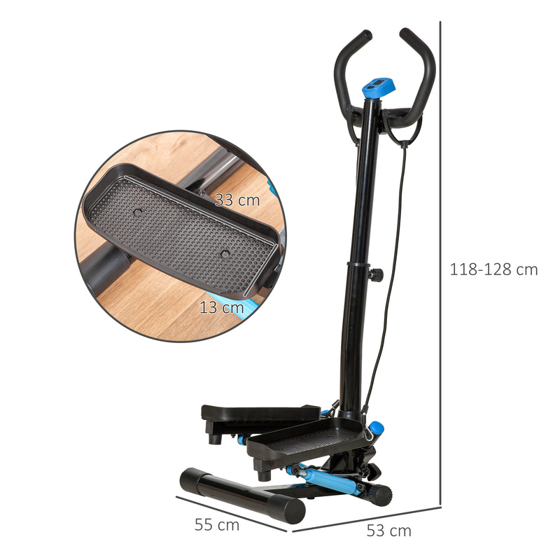 Máquina de Step Fitness com Guiador Ajustável em Altura Tela LCD Bandas Elásticas Pedais Antiderrapantes Equipamento de Exercício para Academia em Casa 55x53x118-128cm Preto