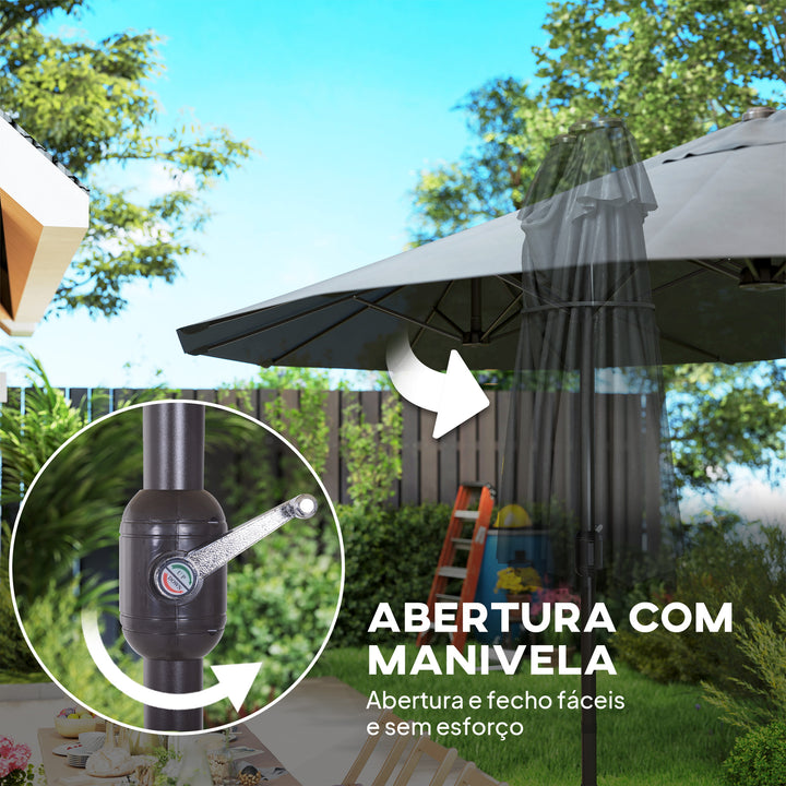 Chapéu de Sol Duplo 4,55x2,65x2,38 m Chapéu de Sol de Jardim com Manivela Manual Resistente à Água e com Proteção Solar UV para Terraço Pátio Cinza