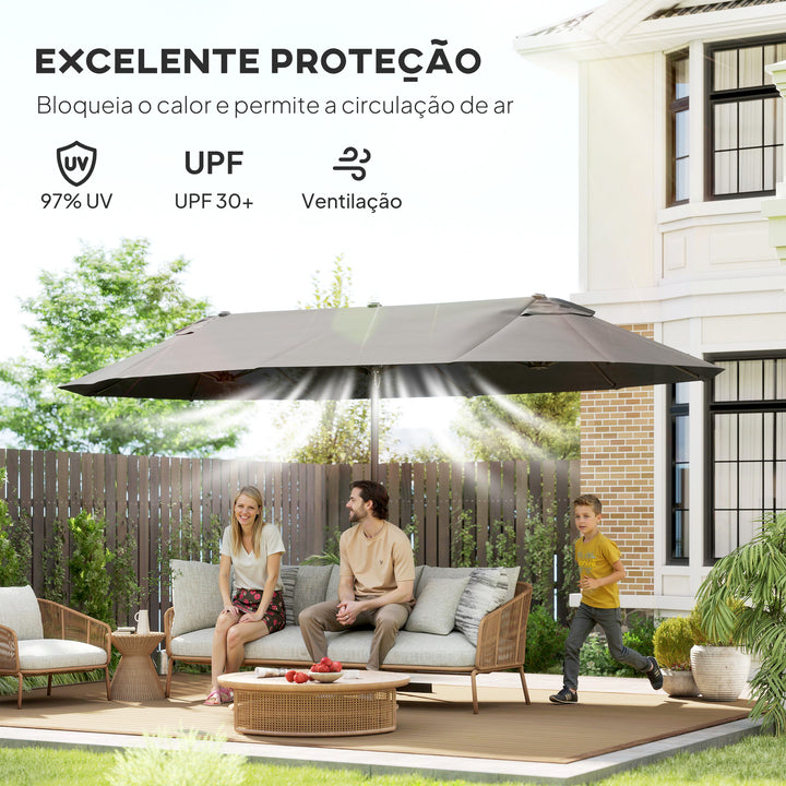 Chapéu de Sol Duplo 4,55x2,65x2,38 m Chapéu de Sol de Jardim com Manivela Manual Resistente à Água e com Proteção Solar UV para Terraço Pátio Cinza