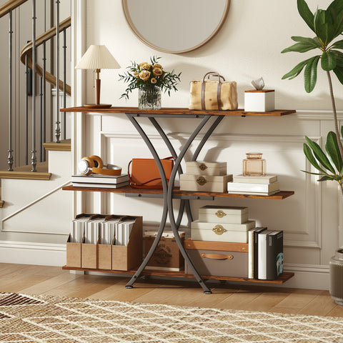 Mesa Consola de 3 Níveis Estilo Industrial com 2 Prateleiras Abertas e Estrutura Metálica em X para Entrada Consola Estreita para Sala de Estar Corredor 110x30x91 cm Castanho Rústico