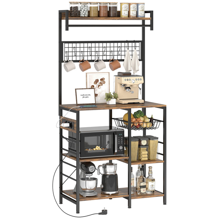 Estante de Cozinha com Três Tomadas e Luzes LED Estante Estilo Industrial com Prateleiras para Micro-ondas Cesto em Malha Metálica Ganchos Barra 80x42x162 cm Castanho Rústico e Preto