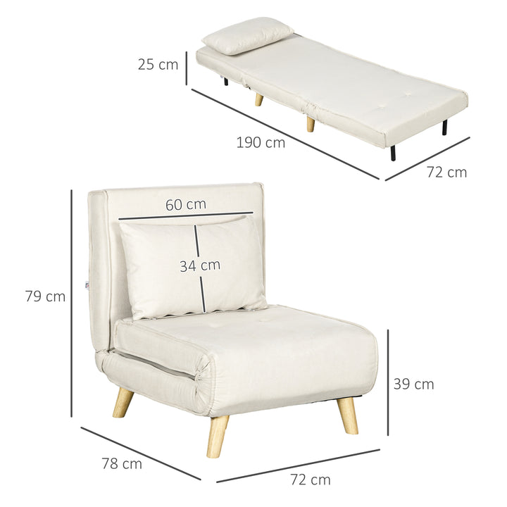 Sofá Cama Individual 3 em 1, Poltrona Cama Dobrável Estofada em Linho Sintético, com Encosto Ajustável em 6 Níveis, Almofada, Assento Largo, Pés de Madeira, 72x78x79 cm, Creme