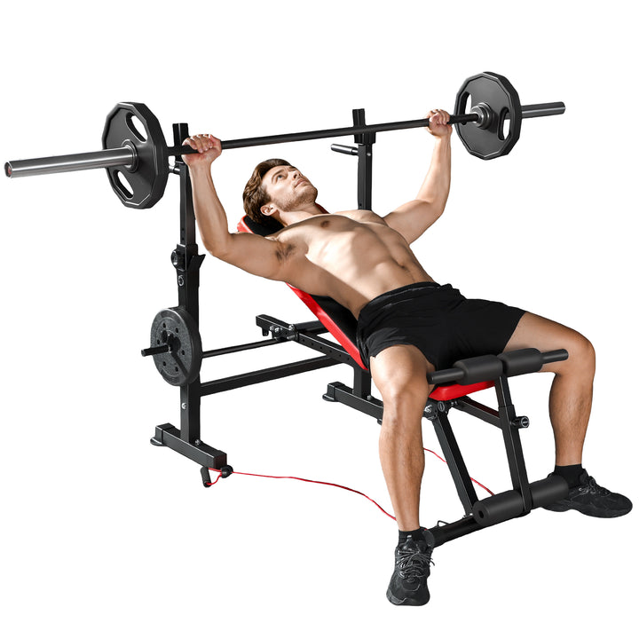 Banco de Musculação Multifuncional Carga 420 kg Com Suporte para Barras e Encosto Ajustável Ideal para Treino Completo em Casa 147x109x122 cm Preto