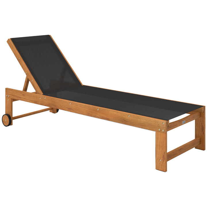 Espreguiçadeira de Madeira de Acácia Espreguiçadeira de Jardim com Rodas Encosto Ajustável em 4 Níveis Carga 160 kg Espreguiçadeira para Pátio Varanda 186x60x33 cm Teca e Preto