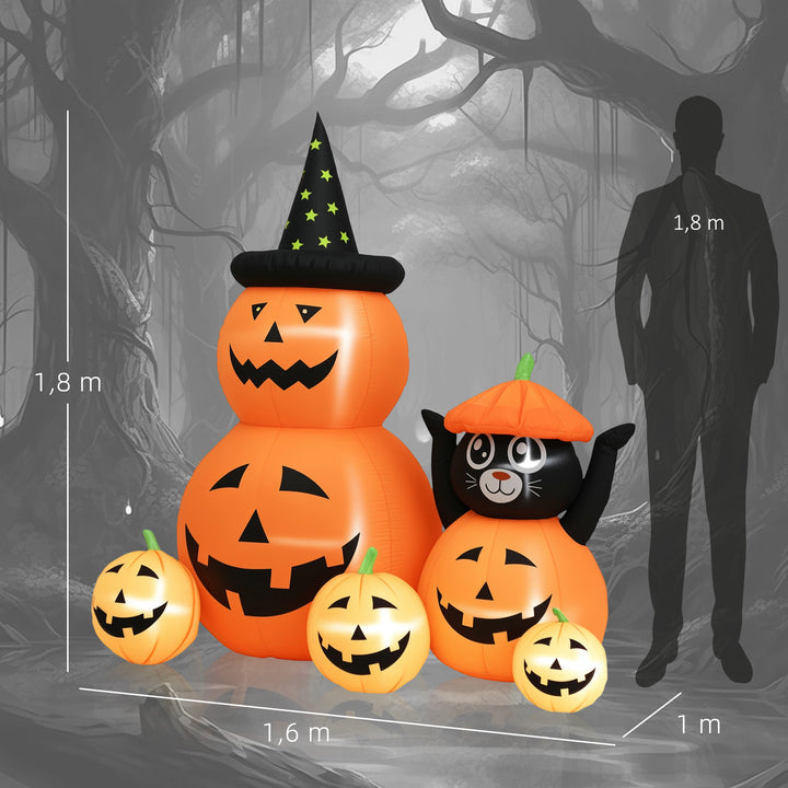 Abóbora Insuflável de Halloween com Gato de 180 cm Decoração de Halloween com Luzes LED IP44 e Inflador para Jardim Festas Exterior 160x100x180 cm Laranja