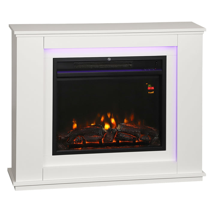 Lareira Elétrica com Efeito de Chama de 5 Níveis de Brilho, Luzes LED de 12 Cores, Lareira Decorativa, 1000/2000W, Temporizador, Termóstato Digital, Controlo Remoto, para 30 ?, Branco