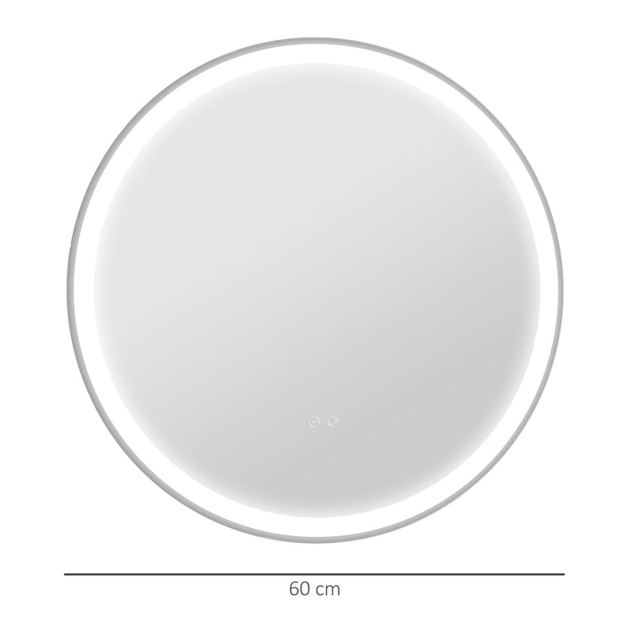 Espelho de Casa de Banho com Luzes LED Ajustáveis Ø60 cm Espelho de Parede Redondo com Função de Memória Anti-embaciamento e Interrutor Tátil para Sala Entrada Prata