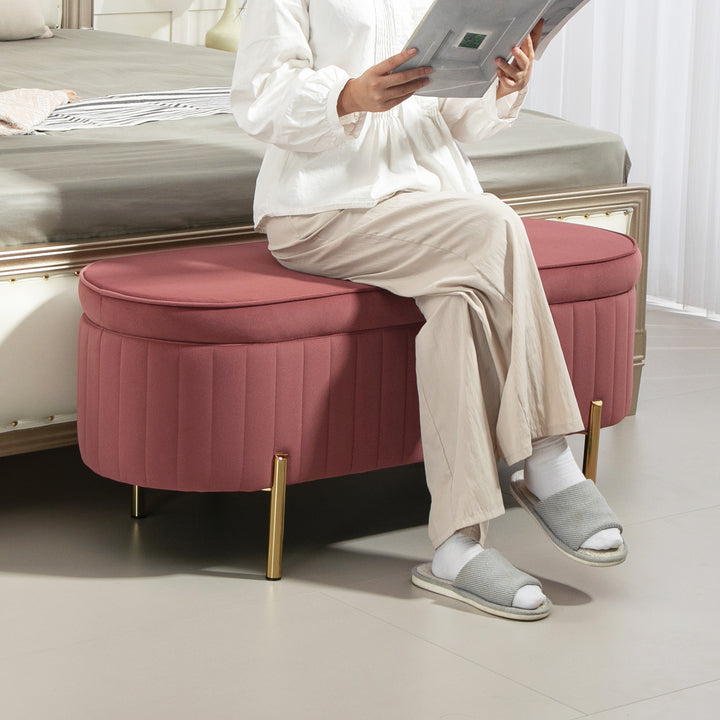 Banco Pé de Cama Estofado em Veludo Banco de Arrumação e Pés Dourado Banco para Entrada Dormitório 108x44x43,5 cm Rosa