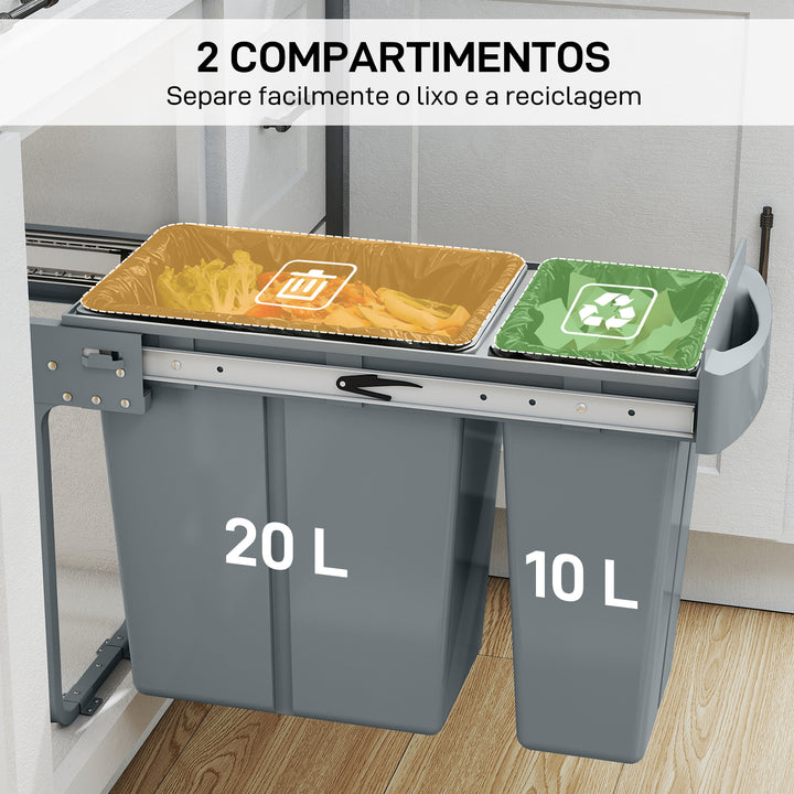 Balde do Lixo Sob Lavatório Balde do Lixo de Cozinha com 2 Contentores de Reciclagem Extraíveis 20L+10L Deslizamento Suave Asa Tampa com Padrão de Diamante Cinzento