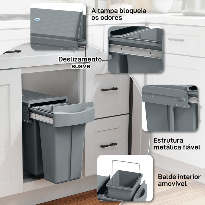 Balde do Lixo Sob Lavatório Balde do Lixo de Cozinha com 2 Contentores de Reciclagem Extraíveis 20L+10L Deslizamento Suave Asa Tampa com Padrão de Diamante Cinzento