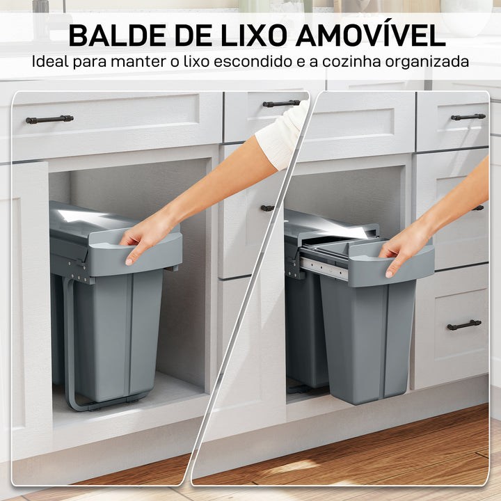 Balde do Lixo Sob Lavatório Balde do Lixo de Cozinha com 2 Contentores de Reciclagem Extraíveis 20L+10L Deslizamento Suave Asa Tampa com Padrão de Diamante Cinzento