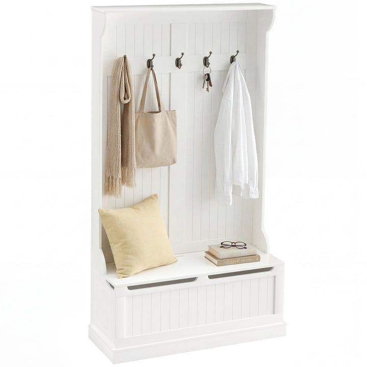 Cabide com banco Conjunto de salão Mobília do salão 5 ganchos espaço de armazenamento 96x34x179,7cm Branco
