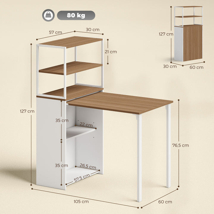 Secretária Dobrável com Estante Mesa de Secretária com 4 Prateleiras Mesa de Computador para Espaços Pequenos Estúdio, Escritório em Casa 105x60x127 cm Madeira