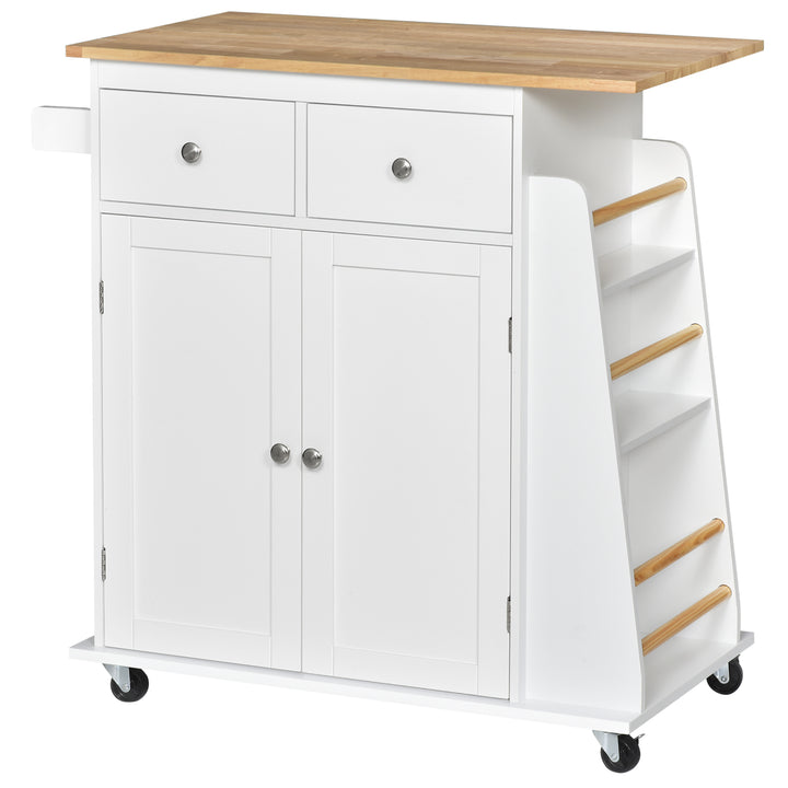 Carrinho de Cozinha Auxiliar com Rodas Carrinho de Cozinha com 2 Gavetas Armário de Armazenamento Prateleira Interior Ajustável 3 Suportes para Temperos e Barra de Pendurar 89x45x89,5cm Branco