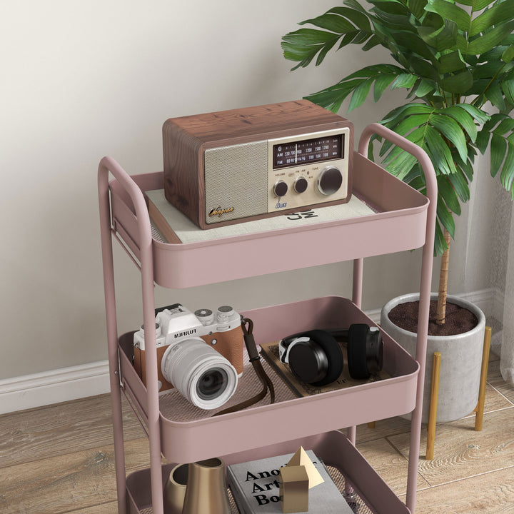Carrinho Auxiliar de 3 Níveis com Rodas Carrinho de Armazenamento Deslizante com 3 Prateleiras 4 Rodas e 2 Travões para Cozinha Sala 45x30.6x79 cm Rosa