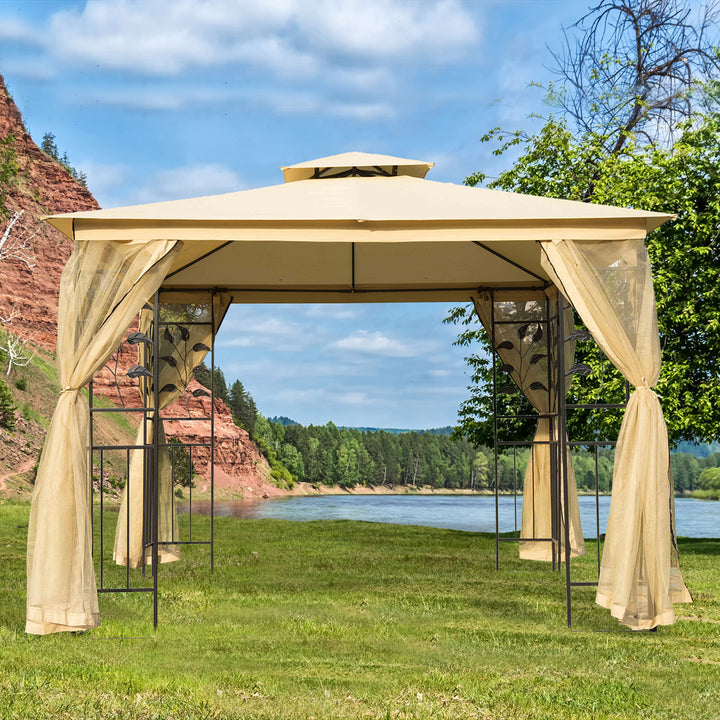 Pérgola ao ar livre 300x300x265cm com Rede Mosquiteira para Jardim Terraço com Espigões de solo Poliéster Aço Bege
