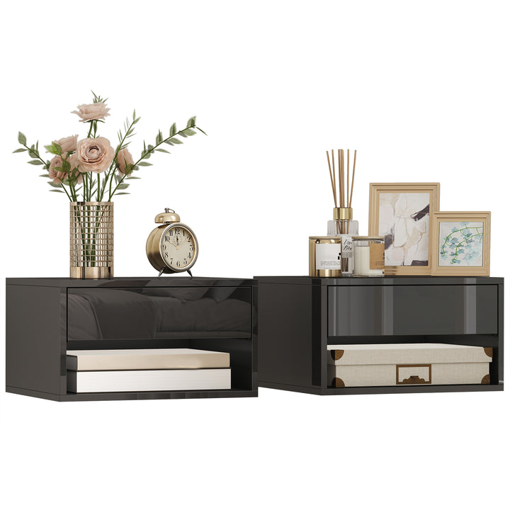 Conjunto de 2 Mesas de Cabeceira Suspensas Mesas de Cabeceira com Gaveta Prateleira Aberta para Quarto Sala 37x32x21 cm Preto Brilhante