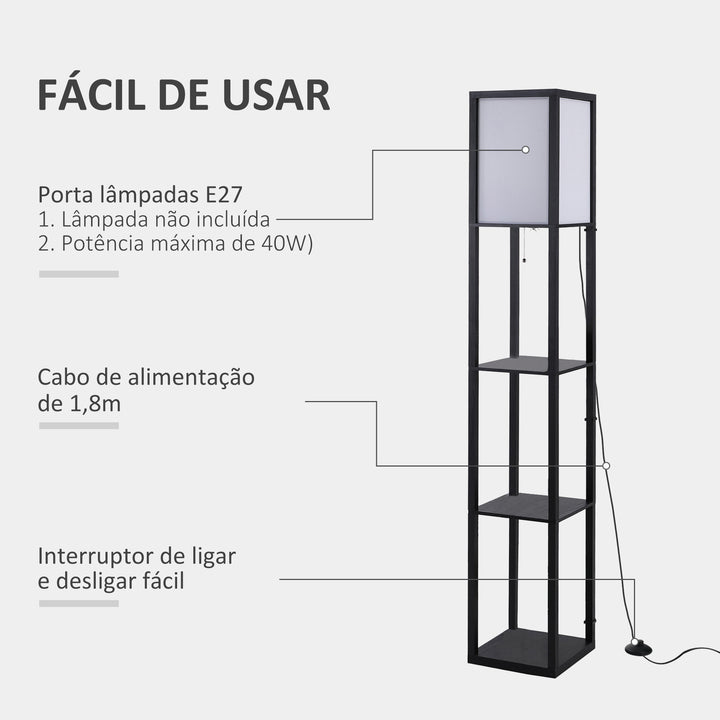 Prateleira alta de 3 níveis com lâmpada para sala de estar quarto Prateleiras modernas para prateleira de exposição em preto e branco da sala de estar 26x26x160cm