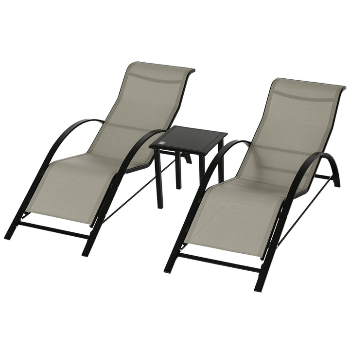 2 Espreguiçadeiras de Jardim 59x169x66 cm com Mesa 41x41x45 cm Vidro Temperado Apoio de Braços para Pátio Piscina Varanda Exterior Cinzento