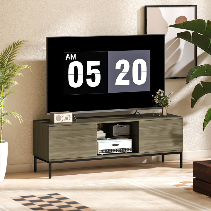 Móvel TV Moderno Móvel TV para Sala de Estar com 2 Compartimentos Abertos 2 Portas Prateleira de Vidro Ajustável e 2 Orifícios para Cabos para Televisão até 60 Polegadas 140x40x49,5 cm Madeira