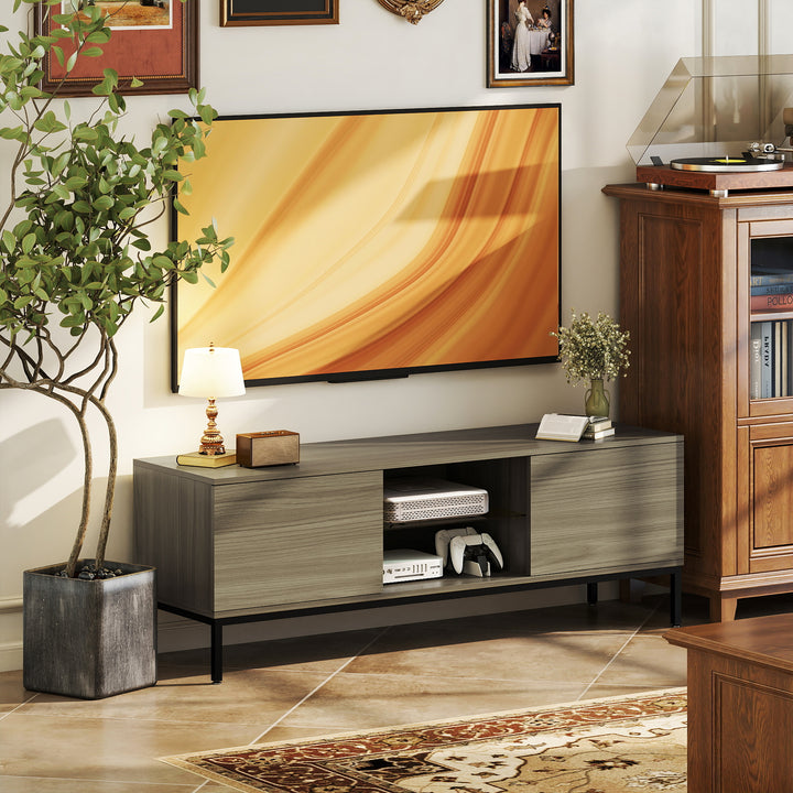 Móvel TV Moderno Móvel TV para Sala de Estar com 2 Compartimentos Abertos 2 Portas Prateleira de Vidro Ajustável e 2 Orifícios para Cabos para Televisão até 60 Polegadas 140x40x49,5 cm Madeira