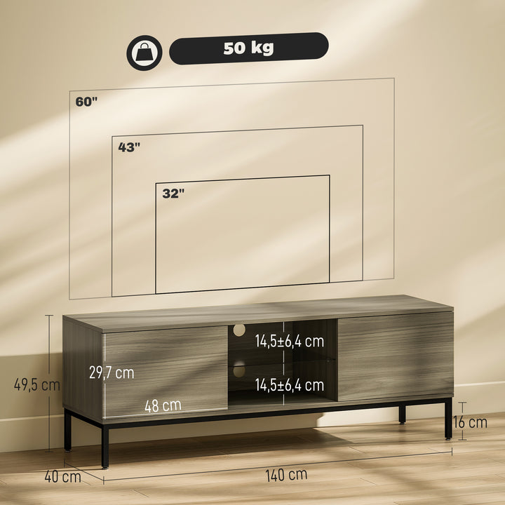 Móvel TV Moderno Móvel TV para Sala de Estar com 2 Compartimentos Abertos 2 Portas Prateleira de Vidro Ajustável e 2 Orifícios para Cabos para Televisão até 60 Polegadas 140x40x49,5 cm Madeira