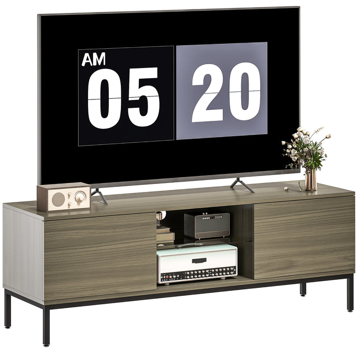 Móvel TV Moderno Móvel TV para Sala de Estar com 2 Compartimentos Abertos 2 Portas Prateleira de Vidro Ajustável e 2 Orifícios para Cabos para Televisão até 60 Polegadas 140x40x49,5 cm Madeira