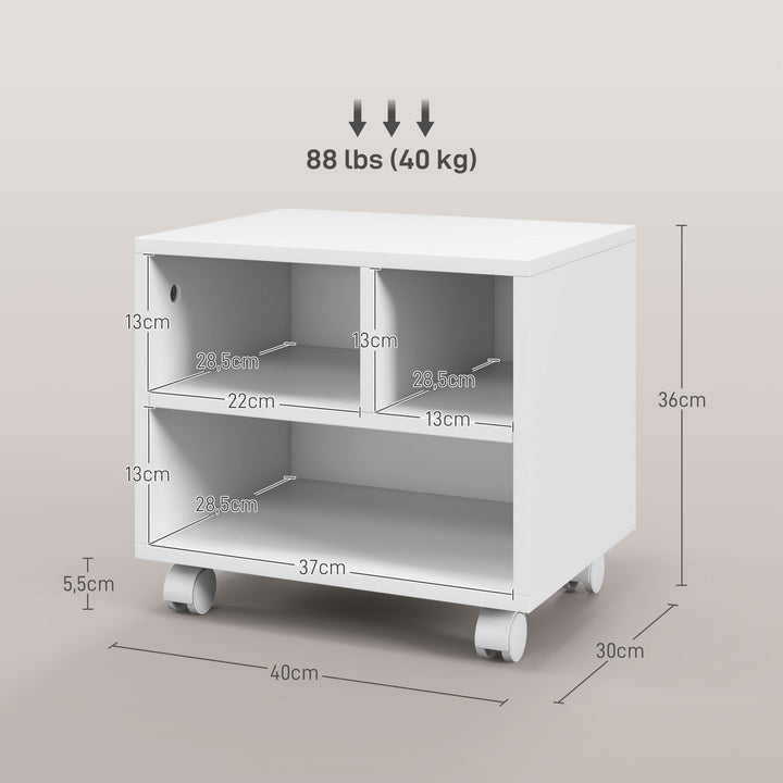 Móvel para Impressora com Rodas Suporte para Impressora com Compartimentos Abertos para Escritório Estúdio 40x30x36 cm Branco