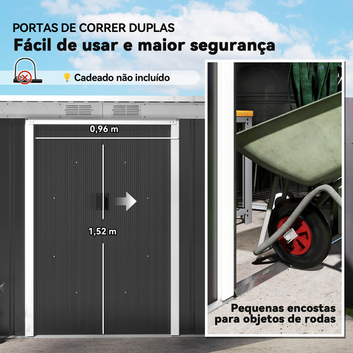 Abrigo de Jardim 280x130x172cm Abrigo de Exterior de Aço Galvanizado com Porta Corredeira e Ventilações para Armazenamento de Ferramentas Cinza Escuro