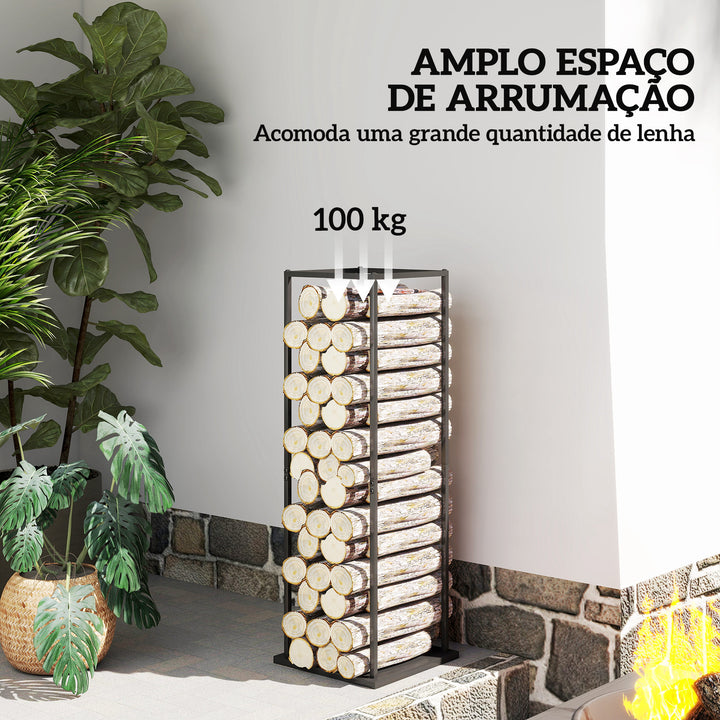 Suporte para Lenha Metálico para Interior e Exterior com Base Elevada Capacidade de 100 kg 33x33x110 cm Preto