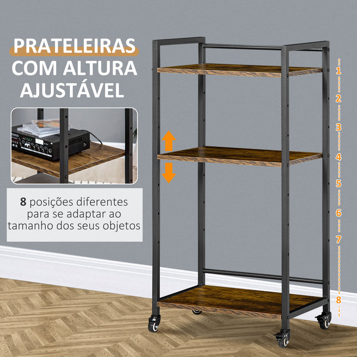 Estante Multifuncional com Rodas Estante de Armazenamento de 3 Níveis com Prateleiras Ajustáveis para Escritório Estúdio Dormitório 50x35x100,5cm Marrom Rústico