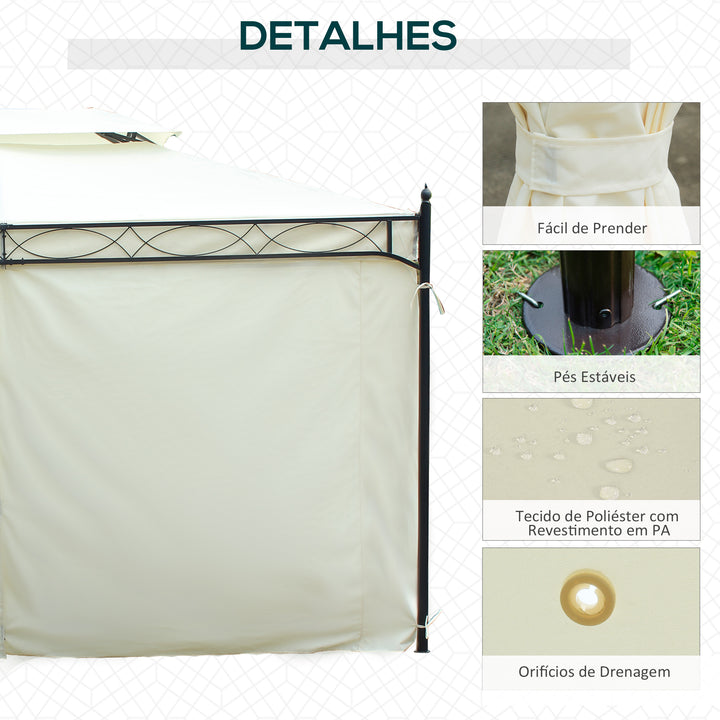 Pérgola de Jardim 4x3 m Pérgola de Jardim com Telhado Duplo 4 Cortinas Estrutura de Aço 8 Orifícios de Drenagem Anti-UV Tenda para Exterior Terraço Pátio Creme