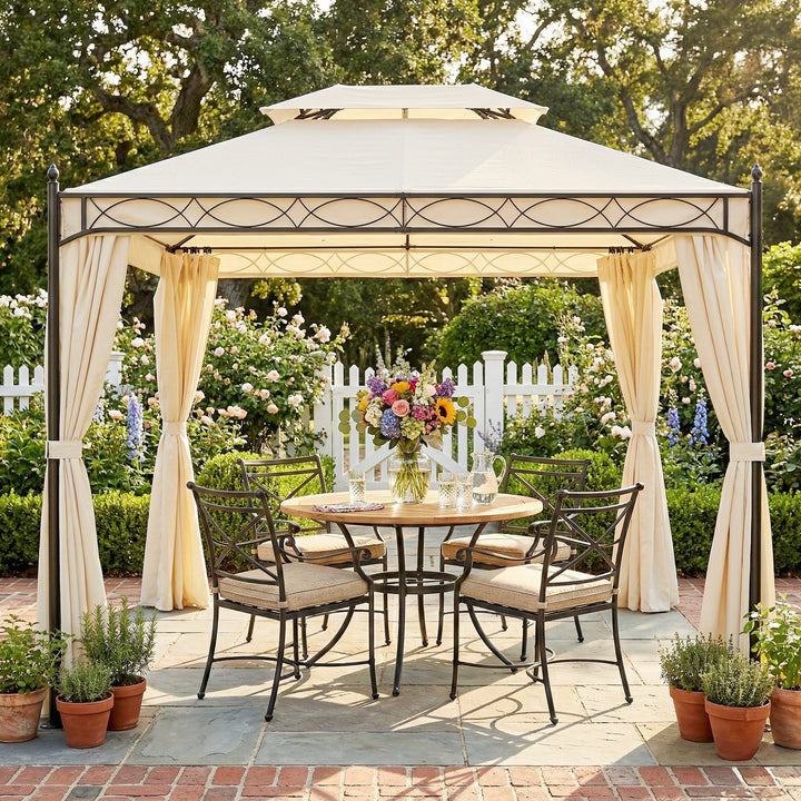 Pérgola de Jardim 4x3 m Pérgola de Jardim com Telhado Duplo 4 Cortinas Estrutura de Aço 8 Orifícios de Drenagem Anti-UV Tenda para Exterior Terraço Pátio Creme
