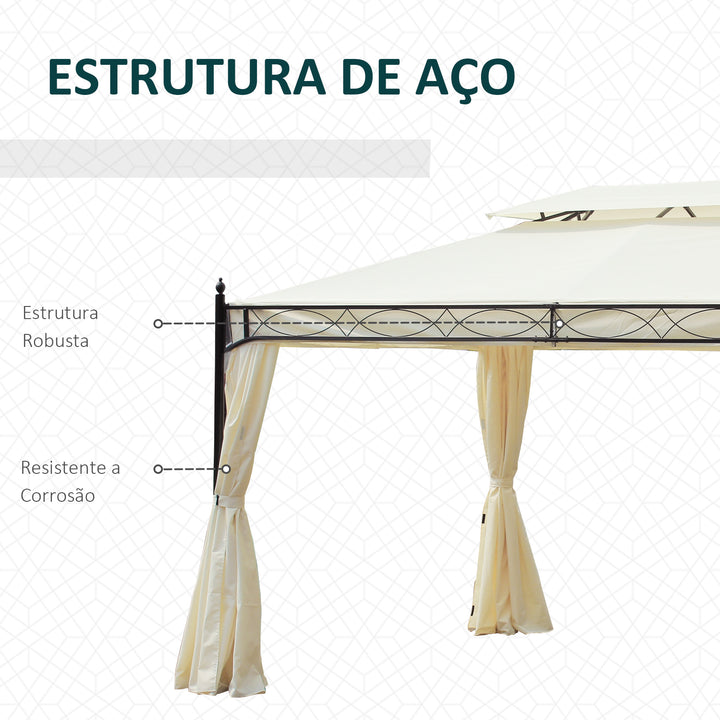 Pérgola de Jardim 4x3 m Pérgola de Jardim com Telhado Duplo 4 Cortinas Estrutura de Aço 8 Orifícios de Drenagem Anti-UV Tenda para Exterior Terraço Pátio Creme