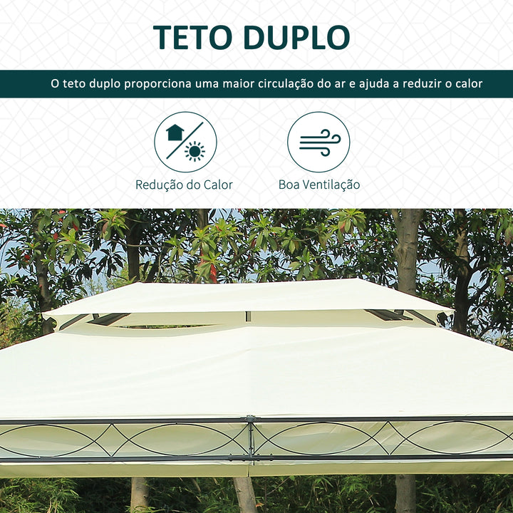 Pérgola de Jardim 4x3 m Pérgola de Jardim com Telhado Duplo 4 Cortinas Estrutura de Aço 8 Orifícios de Drenagem Anti-UV Tenda para Exterior Terraço Pátio Creme