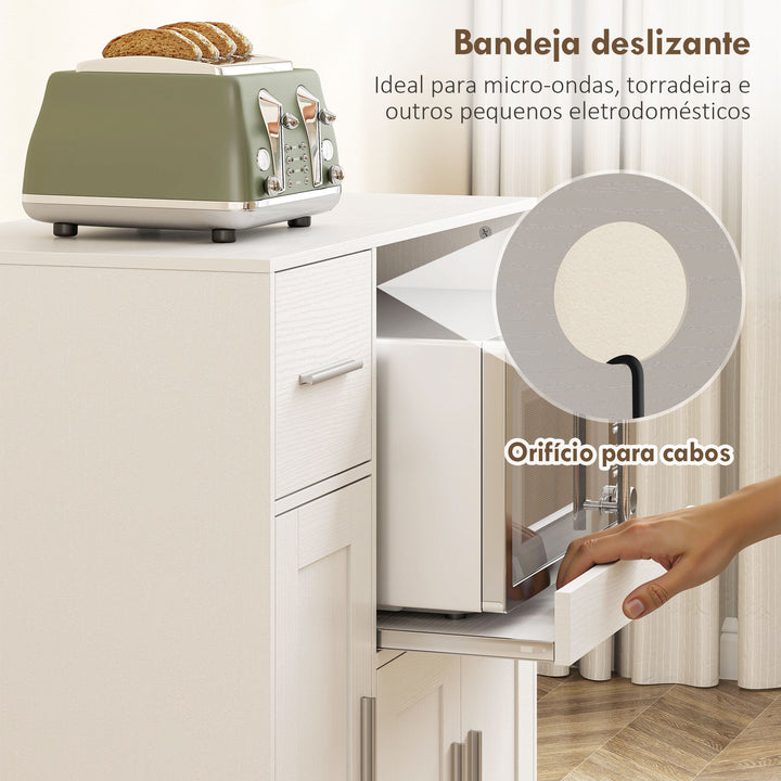 Móvel Auxiliar de Cozinha com Rodas Aparador de Cozinha para Microondas com Bandeja Deslizante Gaveta 3 Portas Prateleira Ajustável e Orifício para Cabos para Sala 80x40x88,7 cm Branco