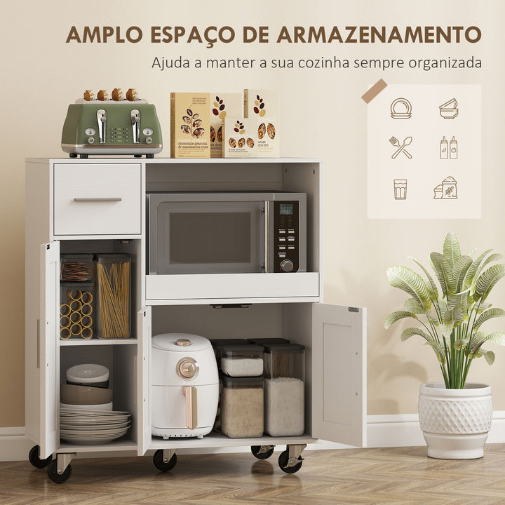 Móvel Auxiliar de Cozinha com Rodas Aparador de Cozinha para Microondas com Bandeja Deslizante Gaveta 3 Portas Prateleira Ajustável e Orifício para Cabos para Sala 80x40x88,7 cm Branco