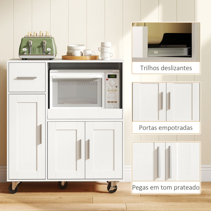 Móvel Auxiliar de Cozinha com Rodas Aparador de Cozinha para Microondas com Bandeja Deslizante Gaveta 3 Portas Prateleira Ajustável e Orifício para Cabos para Sala 80x40x88,7 cm Branco