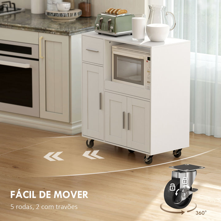 Móvel Auxiliar de Cozinha com Rodas Aparador de Cozinha para Microondas com Bandeja Deslizante Gaveta 3 Portas Prateleira Ajustável e Orifício para Cabos para Sala 80x40x88,7 cm Branco