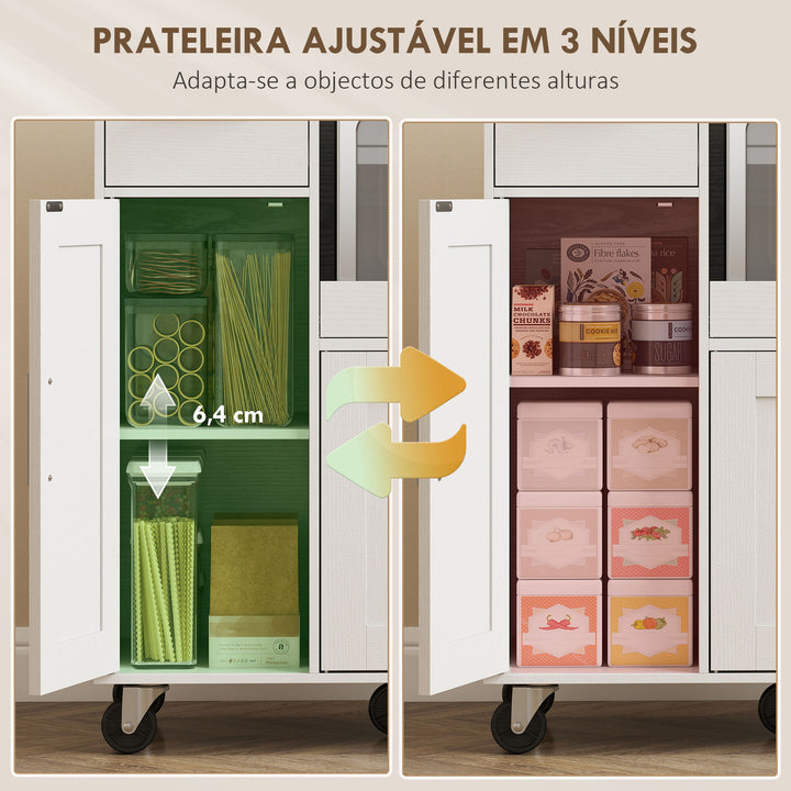 Móvel Auxiliar de Cozinha com Rodas Aparador de Cozinha para Microondas com Bandeja Deslizante Gaveta 3 Portas Prateleira Ajustável e Orifício para Cabos para Sala 80x40x88,7 cm Branco