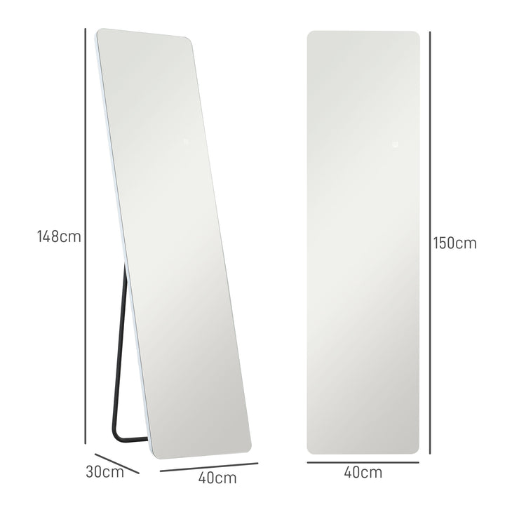 Espelho de Pé com Luz LED 40x150 cm Espelho de Corpo Inteiro sem Estrutura com Iluminação de 3 Cores Função de Memória e Tátil para Sala de Estar Dormitório Transparente