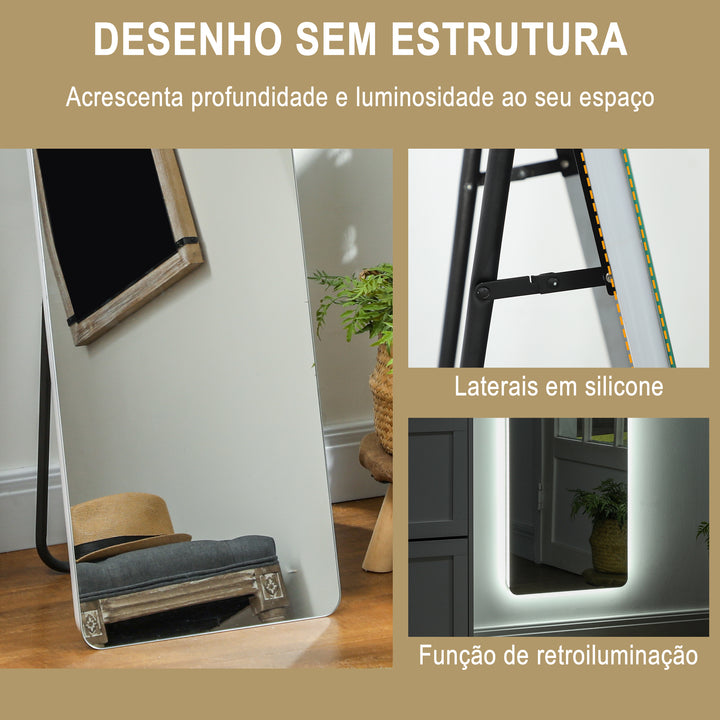 Espelho de Pé com Luz LED 40x150 cm Espelho de Corpo Inteiro sem Estrutura com Iluminação de 3 Cores Função de Memória e Tátil para Sala de Estar Dormitório Transparente