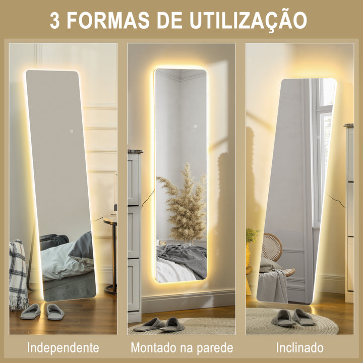Espelho de Pé com Luz LED 40x150 cm Espelho de Corpo Inteiro sem Estrutura com Iluminação de 3 Cores Função de Memória e Tátil para Sala de Estar Dormitório Transparente